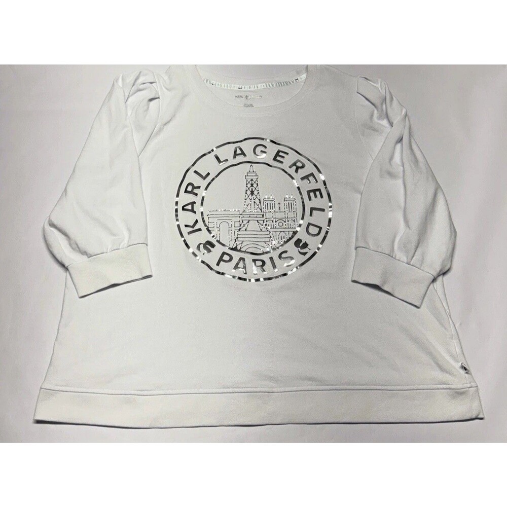 Karl Lagerfeld 2X Paris Puffy Sleeve White Sweatshirt Silver Metallic Logo